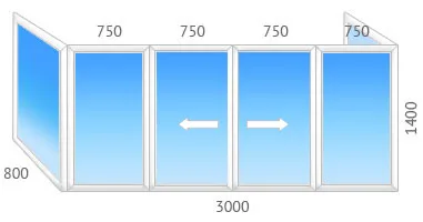 Алюминиевая балконная рама на П образный балкон, с двумя раздвижными створками