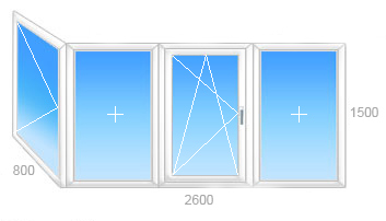 Г-образный балкон: трехстворчатая часть с одной поворотно-откидной створкой и поворотным боковым окном